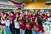 Students participating in Korea University's International Summer Campus program learn the university cheer as they watch a performance by the cheerleading team during an orientation on June 28. [KOREA UNIVERSITY]