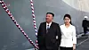 North Korean leader Kim Jong-un and daugher Kim Ju-ae walk along the Choe Hyun, a new 5,000-ton destroyer, during its launching ceremony at the Nampho Shipyard on the west coast, on April 26. [NEWS1]