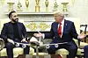 U.S. President Donald Trump, right, speaks during a meeting with El Salvador's President, Nayib Bukele, in the Oval Office of the White House in Washington on April 14. [AP/YONHAP]