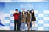 The producer and panel members of matchmaking TV series ″EXchange″ (2021-) pose for photos during a press conference for the franchise's fourth season in Yongsan District, central Seoul, on Oct. 1. From left are comedian Lee Yong-jin, producer Kim In-ha, actor Kim Ye-won and Yura of Girl's Day. [TVING]