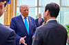 Korean President Lee Jae Myung, right, talks with U.S. President Donald Trump ahead of their summit at the Gyeongju National Museum in North Gyeongsang on Oct. 29. [PRESIDENTIAL OFFICE]