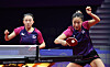 Korean table tennis player Shin Yu-bin, right, in action with Jeon Ji-hee during the women's doubles final at the Hangzhou Asian Games held at Gongshu Canal Sports Park Gymnasium in Hangzhou, China on Oct. 2, 2023. [YONHAP]