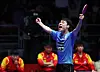 Korea's Jang Woo-jin celebrates after a 2024 World Team Table Tennis Championships men's team match against China's Wang Chuqin at BEXCO Convention Centre in Busan on Feb. 24. [YONHAP]