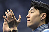 Tottenham Hotspur's Son Heung-min applauds fans during a lap of appreciation after a Premier League match against Brighton at Tottenham Hotspur Stadium in London May 25.  [REUTERS/YONHAP]