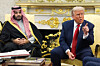 U.S. President Donald Trump points to a reporter as he meets Saudi Arabia's Crown Prince Mohammed bin Salman in the Oval Office of the White House on Nov. 18 in Washington. [AP/YONHAP]