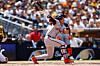 Lee Jung-hoo of the San Francisco Giants hits a line out in the third inning during an Opening Day game against the San Diego Padres at Petco Park on Thursday in San Diego, California. [AFP/YONHAP]