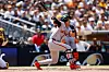 Lee Jung-hoo of the San Francisco Giants hits a line out in the third inning during an Opening Day game against the San Diego Padres at Petco Park on Thursday in San Diego, California. [AFP/YONHAP]