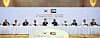 President Lee Jae Myung, center left, Crown Prince of Abu Dhabi Khaled bin Mohamed bin Zayed Al Nahyan, center right, and government officials and business leaders clap during a business roundtable at a hotel in Abu Dhabi in the United Arab Emirates (UAE), on Nov. 19. Attendees included Hyundai Motor Group Executive Chair Euisun Chung, far left, and Samsung Electronics Executive Chairman Lee Jae-yong, far right. [JOINT PRESS CORPS]
