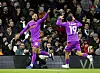 Wolverhampton Wanderers' Matheus Cunha, left, celebrates after scoring a goal during a Premier League match against Fulham at Craven Cottage stadium in London on Saturday. [AP/YONHAP]