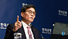 Bank of Korea Gov. Rhee Chang-yong speaks to reporters at the central bank in central Seoul following the monetary policy board meeting on Feb. 26. [BOK]