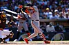 San Francisco Giants' Lee Jung-hoo hits an RBI sacrifice fly in the seventh inning during an Opening Day game against the San Diego Padres at Petco Park on Thursday in San Diego, California. [AFP/YONHAP]