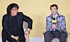 Actor Robert Pattinson, right, speaks during a press conferece for director Bong Joon-ho's, left, science fiction film ″Mickey 17″ held in Yongsan District, central Seoul, on Jan. 20. [YONHAP]