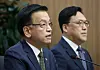 Finance Minister Choi Sang-mok, left, who doubles as the deputy prime minister for economic affairs, speaks during a meeting with other economic policymakers in Seoul on Nov. 8, 2024. [YONHAP]