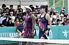 Korean tennis player Jang Su-jeong, right, competes alongside Sloane Stephens of the United States in the round of 16 at the 2024 Hana Bank Korea Open at Seoul Olympic Park Tennis Center in southern Seoul on Monday. [YONHAP]