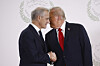U.S. President Donald Trump and Norway's Prime Minister Jonas Gahr Store shake hands during the group photo at the Gaza International Peace Summit in Sharm el-Sheikh, Egypt, on Oct. 13, 2025. [AP/YONHAP]