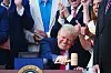 President Donald Trump strikes a gavel from Speaker of the House Mike Johnson, R-LA, after signing a new tax and immigration bill during a ceremony at the White House in Washington DC on July 4. [UPI/YONHAP]