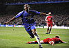 Chelsea's Didier Drogba celebrates scoring against Liverpool during the Champions League semifinal against Liverpool in London on April 30, 2008. [REUTERS/YONHAP]