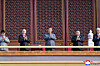 This image, published by the Korean Central News Agency on Sept. 4, shows North Korean leader Kim Jong-un (second from right) standing next to Chinese President Xi Jinping (center) and Russian President Vladimir Putin (second from left) during China's military parade at Tiananmen Square in Beijing on Sept. 3. [KCNA]