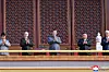 This image, published by the Korean Central News Agency on Sept. 4, shows North Korean leader Kim Jong-un (second from right) standing next to Chinese President Xi Jinping (center) and Russian President Vladimir Putin (second from left) during China's military parade at Tiananmen Square in Beijing on Sept. 3. [KCNA]