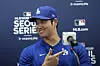 Los Angeles Dodgers' Shohei Ohtani speaks during a press conference ahead at Gocheok Sky Dome in western Seoul on Saturday. [AP/YONHAP]