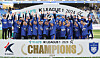 Ulsan HD celebrate winning the 2024 K League 1 title at Munsu Football Stadium in Ulsan on Saturday. [YONHAP]