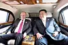 A picture released by the North Korean newspaper Rodong Sinmun on Sept. 4 shows North Korean leader Kim Jong-un, right, in a private vehicle with Russian President Vladimir Putin on Sept. 3 in Beijing. [RODONG SINMUN]