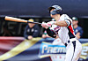 Korea's Kim Do-yeong watches the ball after hitting a two-run home run against Australia during a Group B game at the WBSC Premier12 at Taipei Tianmu Baseball Stadium in Taipei on Monday.  [YONHAP]