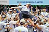 The Incheon Korean Air Jumbos toss head coach Tommi Tiilikainen into the air after winning the 2023-24 V League Championship at Sangnoksu Gymnasium in Ansan, Gyeonggi on Tuesday. [YONHAP]