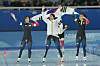 The Korean team celebrates after winning gold at the women's team sprint during the 9th Asian Winter Games in Harbin, China, on Feb. 9. [AP/YONHAP]