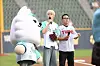Soobin, a member of boy band Tomorrow X Together, prepares to throw the ceremonial first pitch wearing a collaboration uniform with the team’s official mascot, Ppulbatu. [LG TWINS]