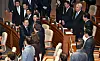 President Lee Jae Myung greets main opposition People Power Party lawmakers after delivering a policy speech on an extra budget plan at a plenary session of the National Assembly in Yeouido, western Seoul, on June 26. [JOINT PRESS CORPS]