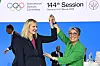 Zimbabwean candidate for the presidency of the International Olympic Committee (IOC) Kirsty Coventry, left, is congratulated by IOC vice-president Nicole Hoevertsz after being elected during the 144th IOC Session on the day of the election of the next President of the International Olympic Committee, in Costa Navarino, Greece on March 20. [AFP/YONHAP]