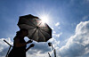 A passerby walks near Dongdaegu Station in Daegu shields themself from the sun with an umbrella on July 23. [YONHAP]