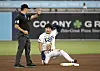 Second base umpire Mark Wegner calls time after Tampa Bay Rays' Kim Ha-Seong Kim, right, stole second base during the second inning of an MLB game against the Chicago White Sox in Tampa, Florida on July 21. [AP/YONHAP]