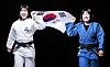 Judokas Huh Mi-mi, left, and Huh Mi-o pose with the Korean flag during an interview with the JoongAng Ilbo at the JoongAng Building in western Seoul on Feb. 15. [JOONGANG ILBO]