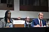 Former U.S. Immigration and Customs Enforcement instructor responsible for educating new ICE officers, Ryan Schwank, speaks as Teyana Gibson Brown, left, looks on during a forum on Immigration and Customs Enforcement (ICE) at the Dirksen Senate Office Building at the U.S. Capitol on Feb. 23 in Washington. [AFP/YONHAP]