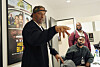 Filmmaker and former professional basketball player Deon Taylor, left, discusses the movie industry as Las Vegas Raiders linebacker K'Lavon Chaisson, seated, and retired NFL player Reginald Kahlil McKenzie look on during a filmmaking workshop for NFL players in Santa Monica, California, on March 4. [AP/YONHAP]