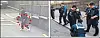 A 58-year-old man carrying a fillet knife on April 8, left, and police officers apprehending the same man [SEOUL METROPOLITAN POLICE AGENCY]