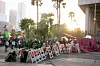 Demonstrators clash with police as they block a street with a barricade during a protest against federal immigration sweeps in downtown Los Angeles, California, U.S. June 8, 2025. [REUTERS/YONHAP]