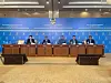 Officials from the Ministry of Foreign Affairs of Kazakhstan and members of international observer organizations speak during a press conference for foreign correspondents at the Saad Hotel in Astana on Sunday. [LIM JEONG-WON]