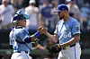 Kansas City Royals catcher Freddy Fermin, left, and relief pitcher Steven Cruz celebrate after their baseball game against the Chicago White Sox on May 8, 2025, in Kansas City. [AP/YONHAP]