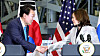 South Korean President Yoon Suk Yeol, left, and U.S. Vice President Kamala Harris shake hands after touring NASA's Goddard Space Flight Center in Greenbelt, Maryland, on April 25, 2023. [JOINT PRESS CORPS]