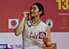 An Se-young, the women's singles winner at the India Open 2026, celebrates on the podium at the Indira Gandhi Indoor Stadium in New Delhi on Jan. 18. [REUTERS/YONHAP]