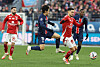 Paris Saint-Germain midfielder Lee Kang-in, center left, vies for the ball during a Ligue 1 match against Brest at Stade Francis-Le Ble in Brest, France, on Feb. 1. [AFP/YONHAP]
