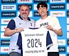 Tottenham Hotspur captain Son Heung-min, right, poses with Spurs manager Ange Postecoglou during a pre-game press conference at Seoul World Cup Stadium in western Seoul on Tuesday ahead of Wednesday's Coupang Play Series match between Spurs and Team K League. [YONHAP]