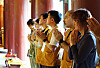 International guests invited by Hana Bank listen to an explanation of the templestay program at Beopju Temple in North Chungcheong on June 28. [HANA BANK]