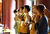 International guests invited by Hana Bank listen to an explanation of the templestay program at Beopju Temple in North Chungcheong on June 28. [HANA BANK]