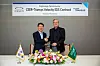 Hyundai Transys CEO Steve Yeo, left, shakes hands with CEER CEO James DeLuca after signing a $2.2 billion EV parts deal at the company's headquarters in Hwaseong, Gyeonggi. [HYUNDAI TRANSYS]