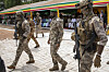 Leader of Mali's ruling junta Lt. Col. Assimi Goita, center, attends an independence day military parade in Bamako, Mali, on Sept. 22, 2022. [AP/YONHAP]