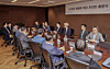 Song Young-su, head of the Paris Croissant labor union, third from left in the back row, speaks during the launch ceremony of the Transformation Office held at SPC Group headquarters in Yangjae-dong, Seocho District, southern Seoul, on July 21. Paris Croissant CEO Hur Jin-soo, center in the back row, chairs the task force. [SPC]